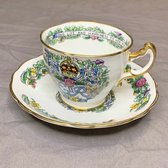 VTG 50s Hammersley Queen Elizabeth II 1953 Coronation Teacup & Saucer Bone China - Picture 1 of 13